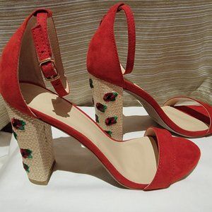 Unique Red Suede Sandal Heels with Flower Detail on Heels